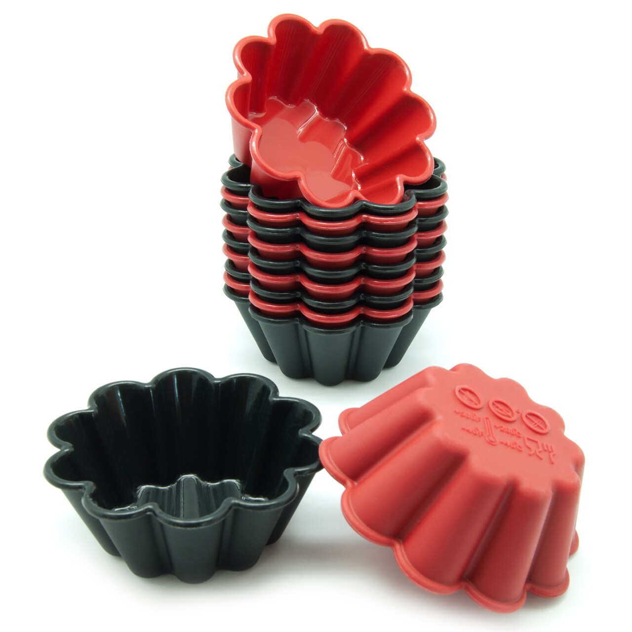 Freshware Silicone Cupcake Liners Baking Cups 12 Pack Muffin Molds Flower Red and Black Colors